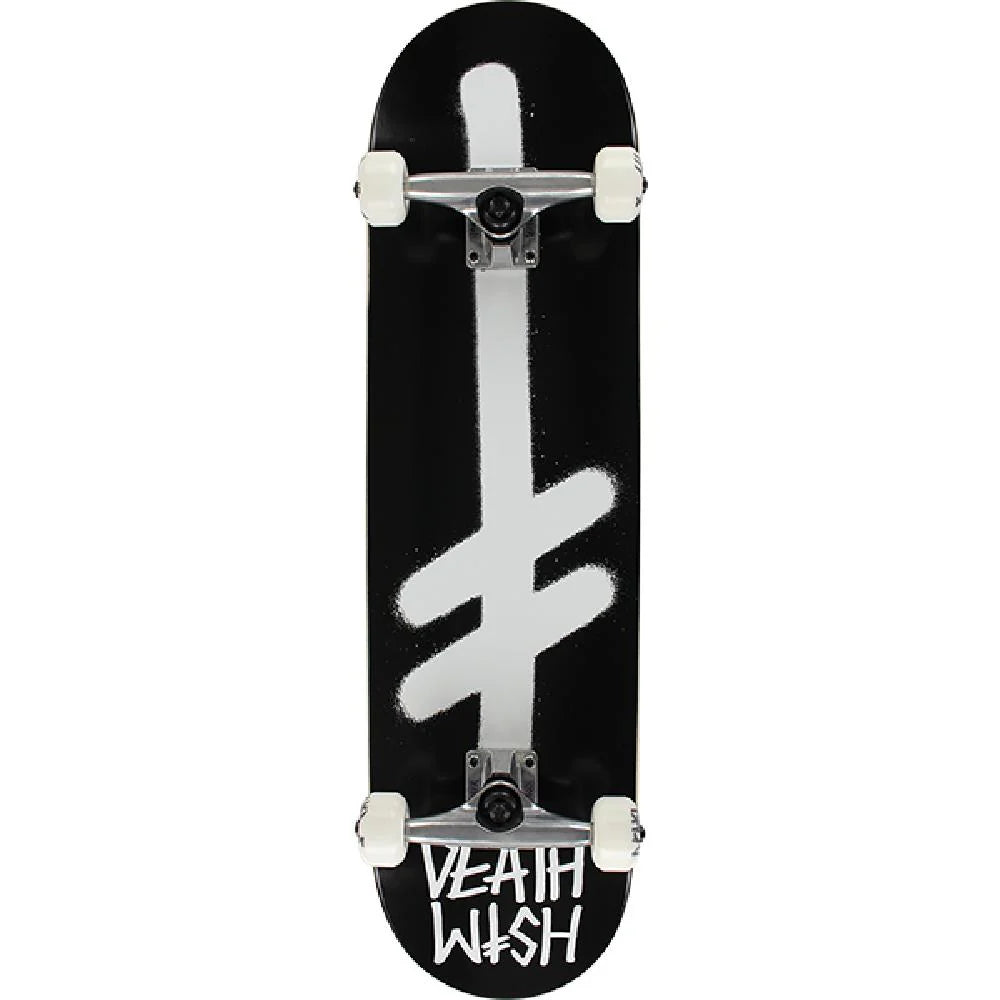 Black skateboard with white logo and 'Death Wish' text on a white background