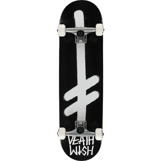 Black skateboard with white logo and 'Death Wish' text on a white background