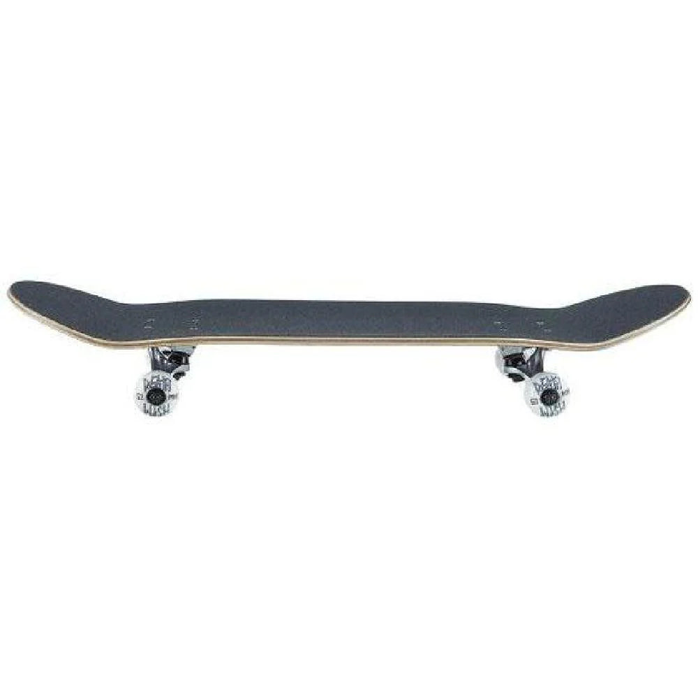 Skateboard with black deck and white trucks on a white background