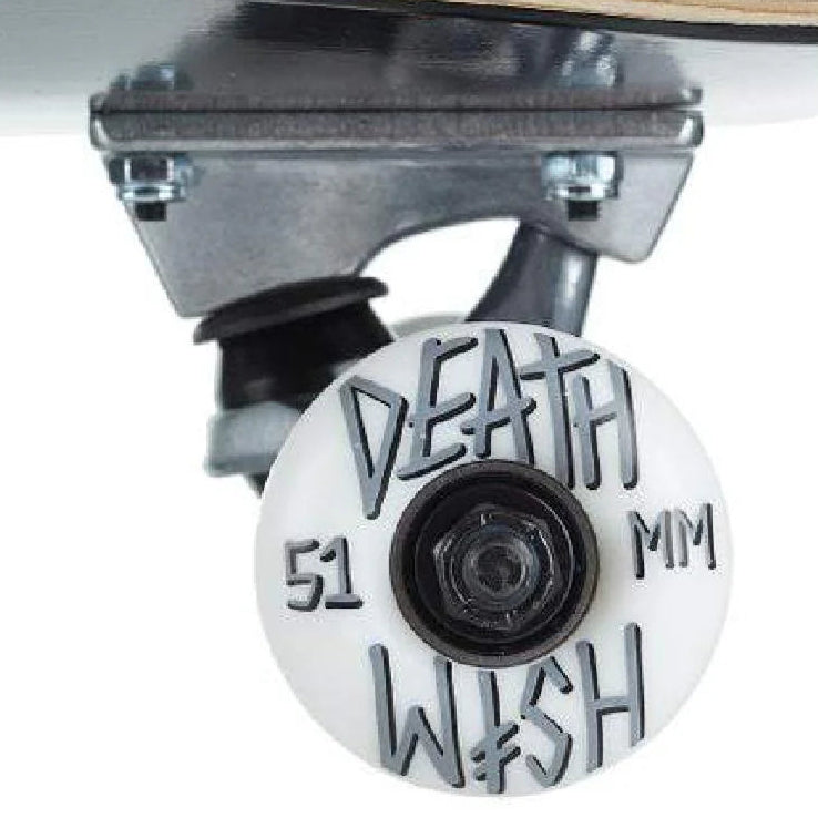 Close-up of a skateboard wheel with 'Deathwish' branding on a white background