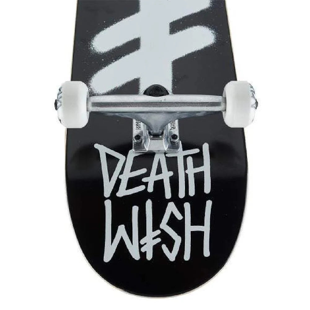 Close-up of a skateboard deck with 'Deathwish' branding on a white background