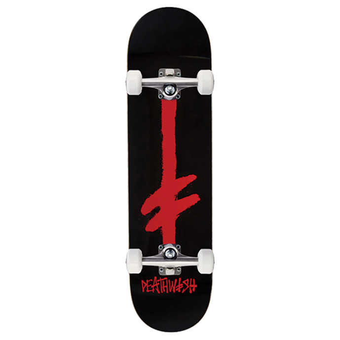 Black skateboard with red logo on a white background