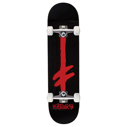 Black skateboard with red logo on a white background