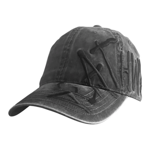 Black cap with a logo on a white background