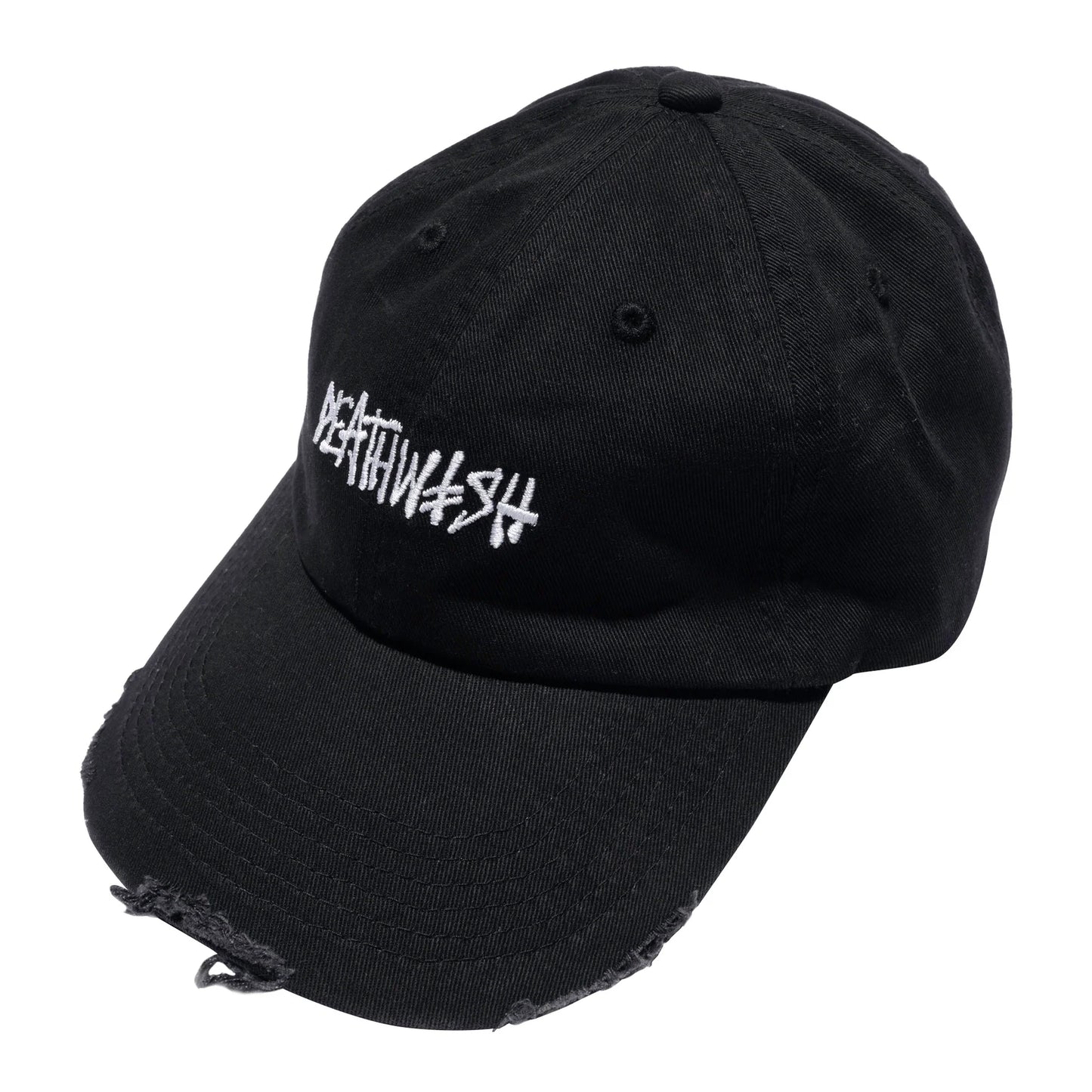 Black cap with white text on a white background