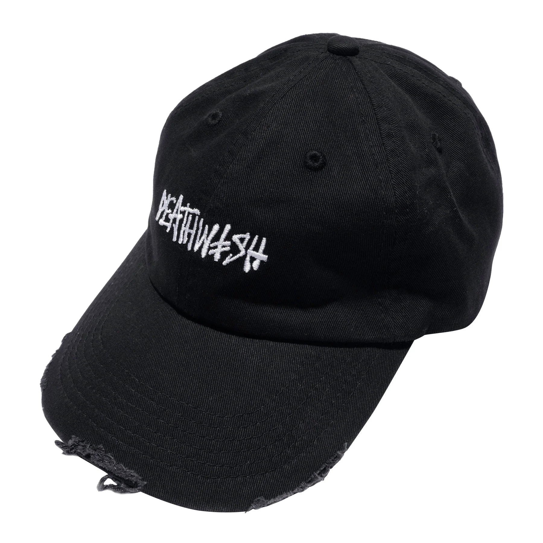 Black cap with white text on a white background