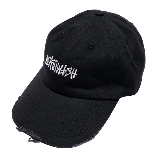 Black cap with white text on a white background
