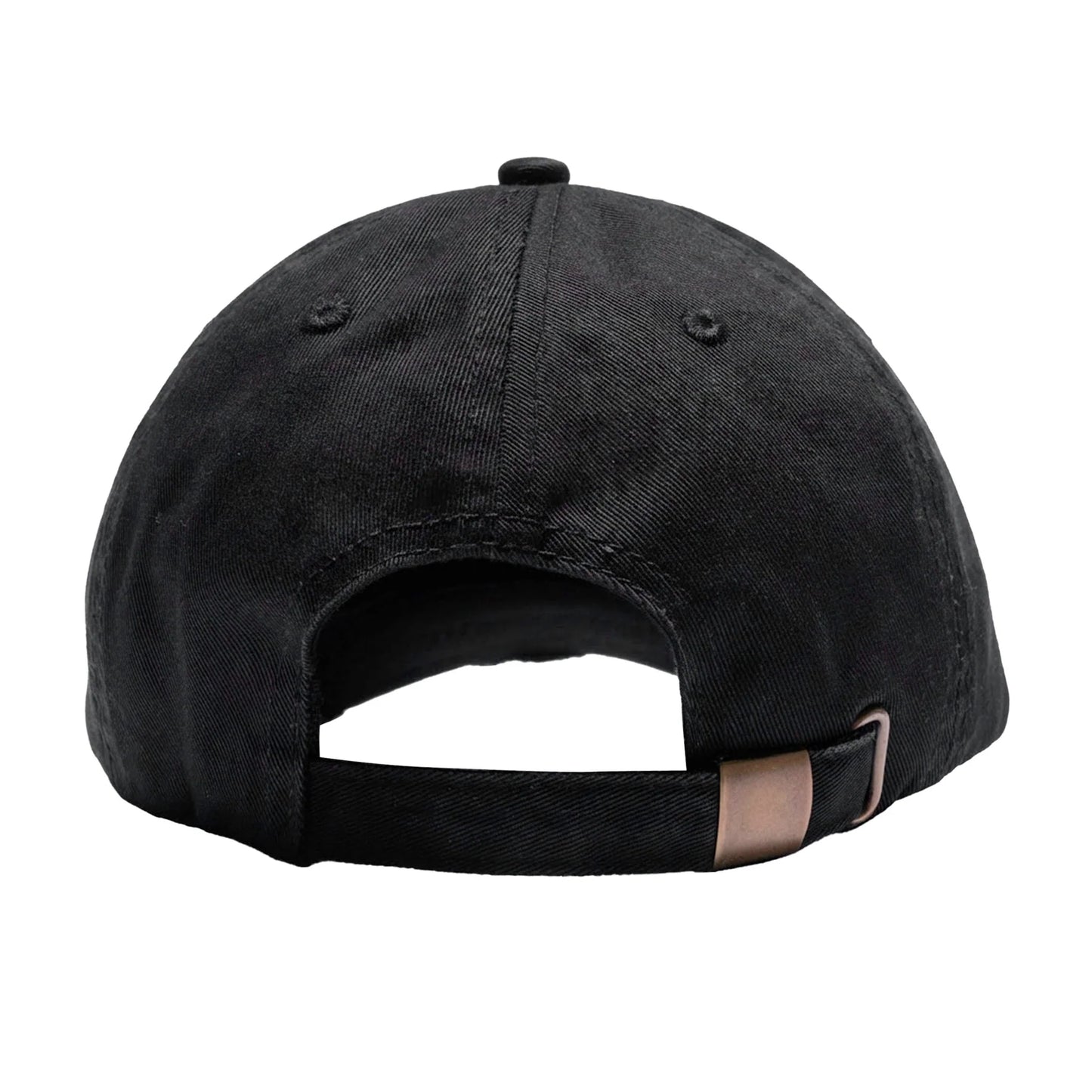 Black baseball cap with a brown leather strap on a white background