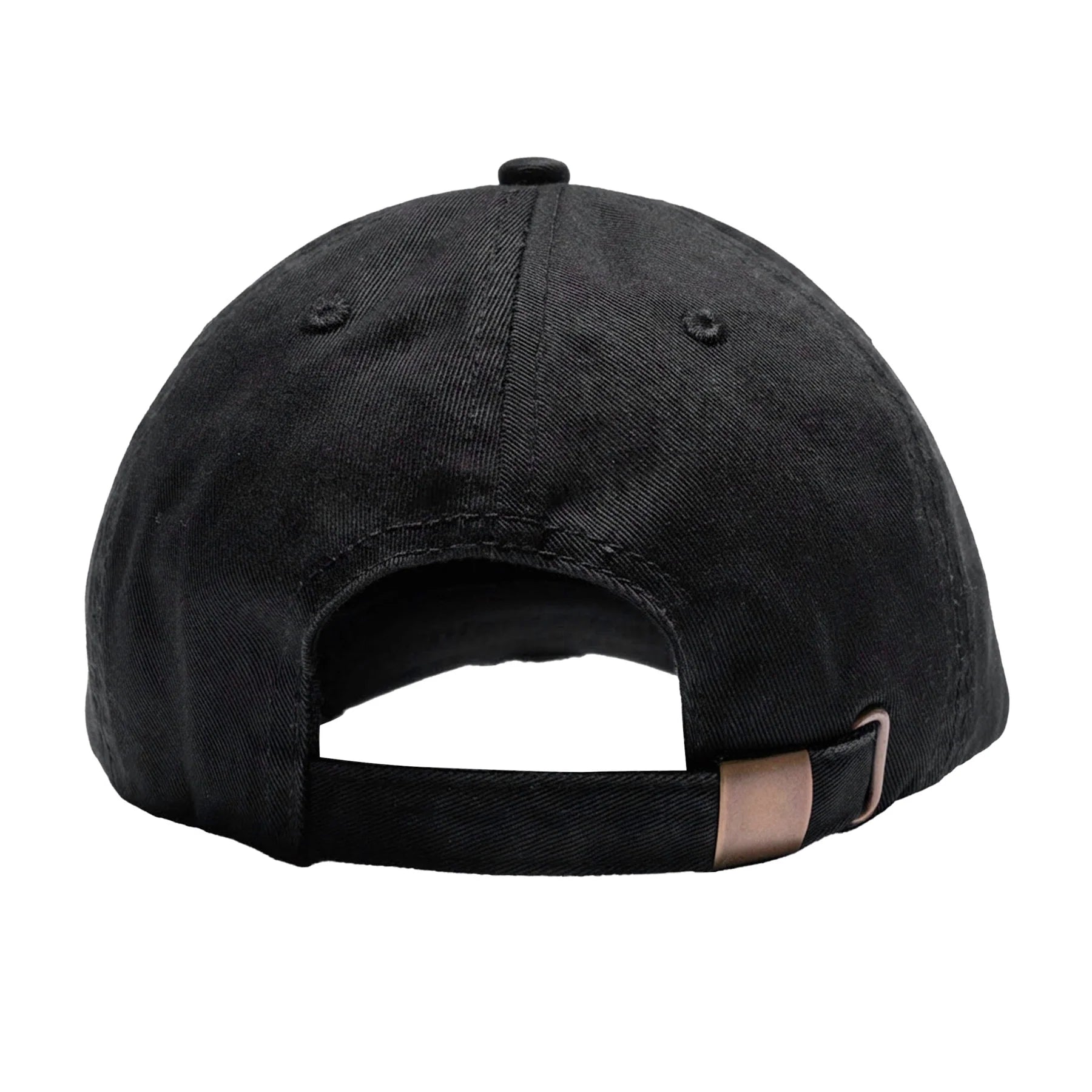 Black baseball cap with a brown leather strap on a white background