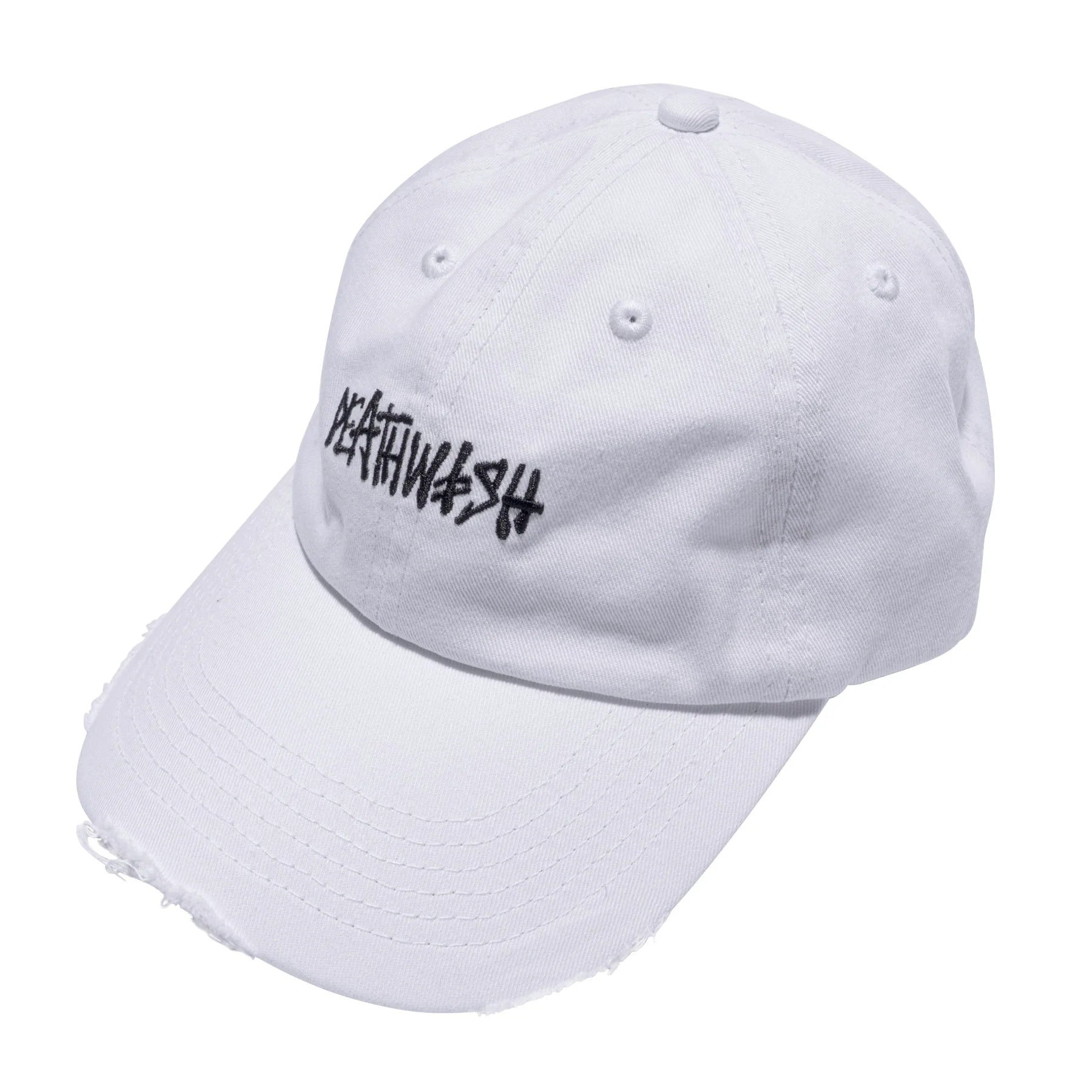 White cap with black text on a white background