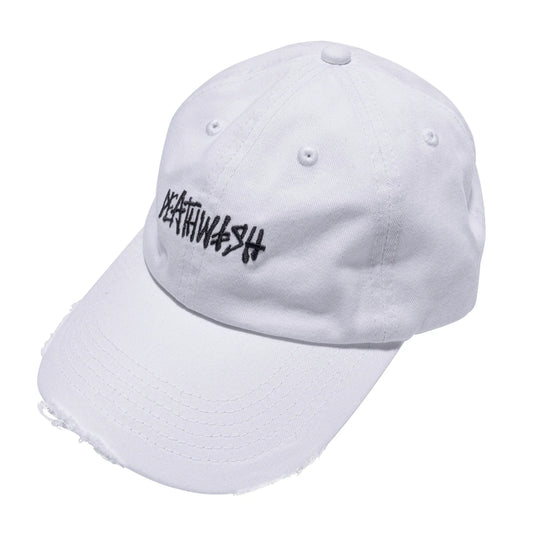 White cap with black text on a white background