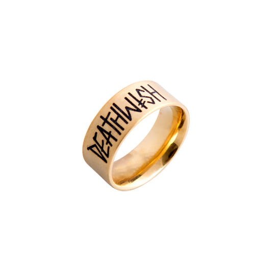 Gold ring with 'DEATHWISH' engraving on a white background