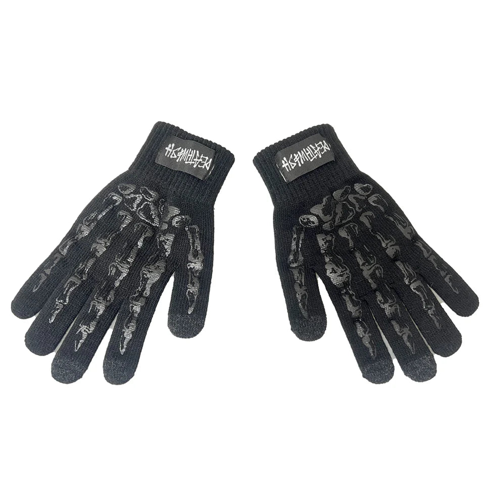 Pair of black gloves with camouflage pattern on a white background