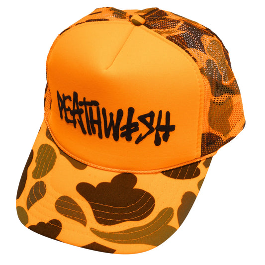 Orange cap with black text and camouflage pattern on a white background