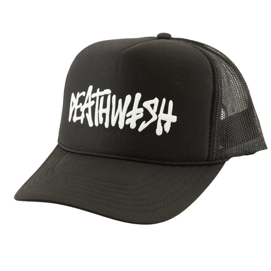 Black trucker cap with white text on a white background