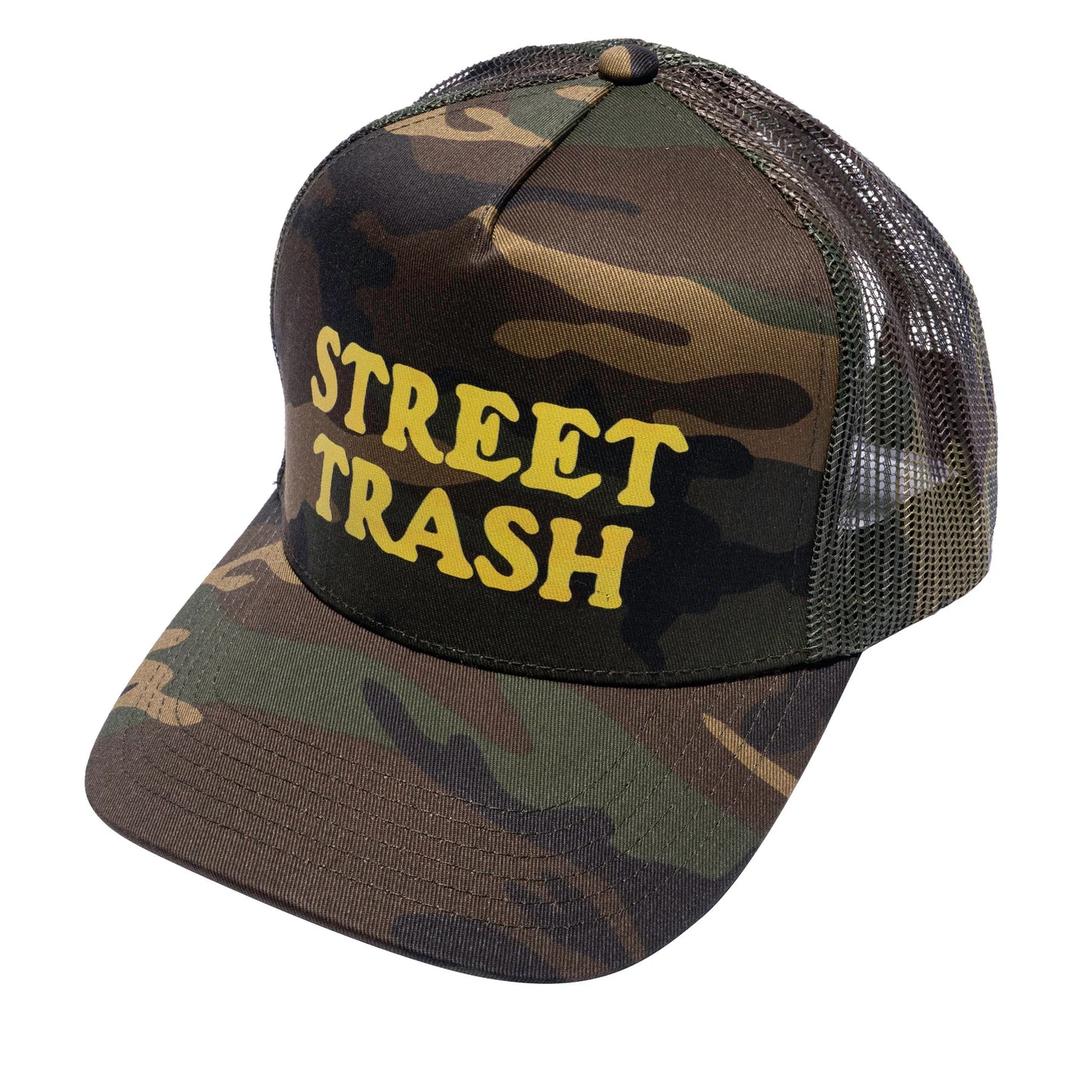 Camouflage cap with 'STREET TRASH' text on a white background