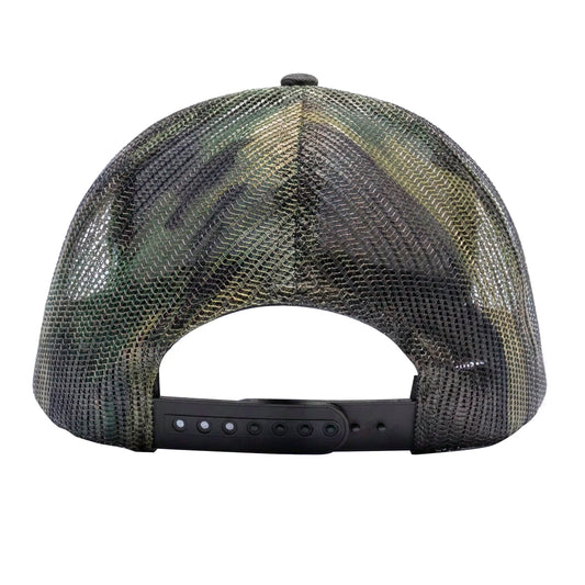 Back view of a camouflage mesh cap with a black strap on a white background