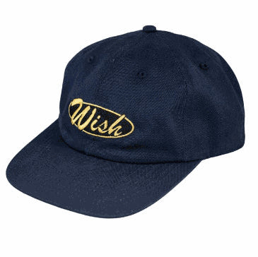 Navy blue cap with 'Wish' logo in gold on a white background