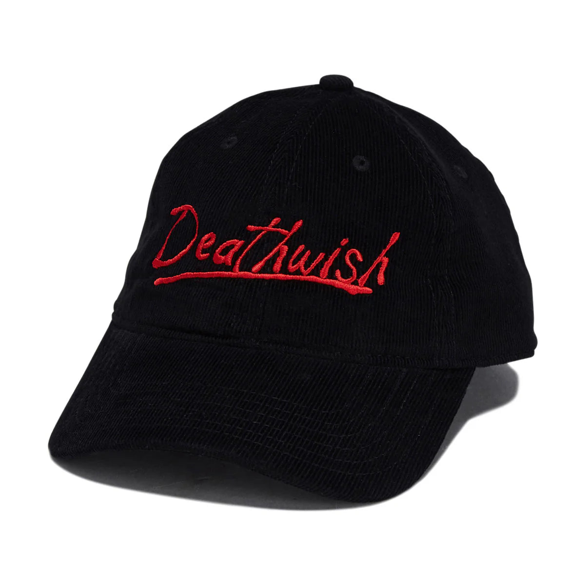 A black corduroy baseball cap featuring the word 'Deathwish' embroidered in red script across the front, set against a plain white background.