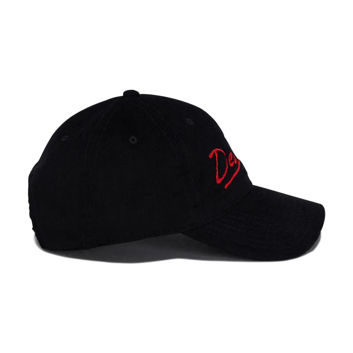 A black baseball cap with red embroidered script on the side, shown against a plain white background.