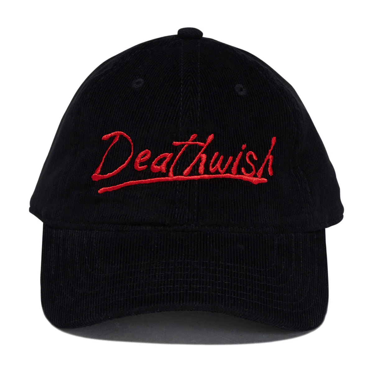 A black corduroy baseball cap featuring the word 'Deathwish' embroidered in red script across the front, set against a plain white background.