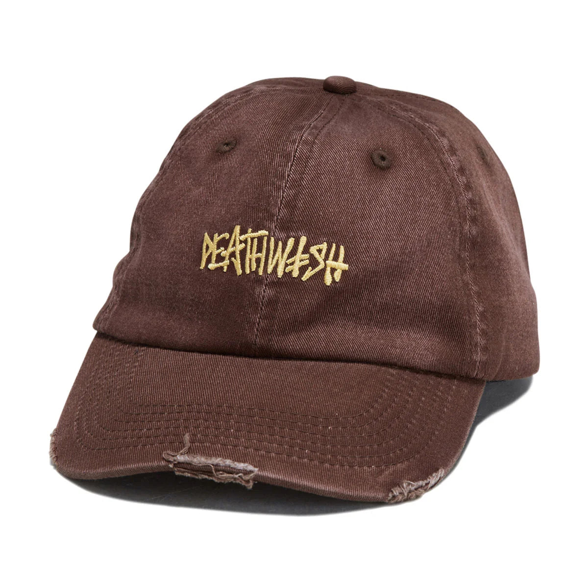 A brown distressed baseball cap with 'DEATHWiSH' embroidered in gold on the front, shown on a white background.