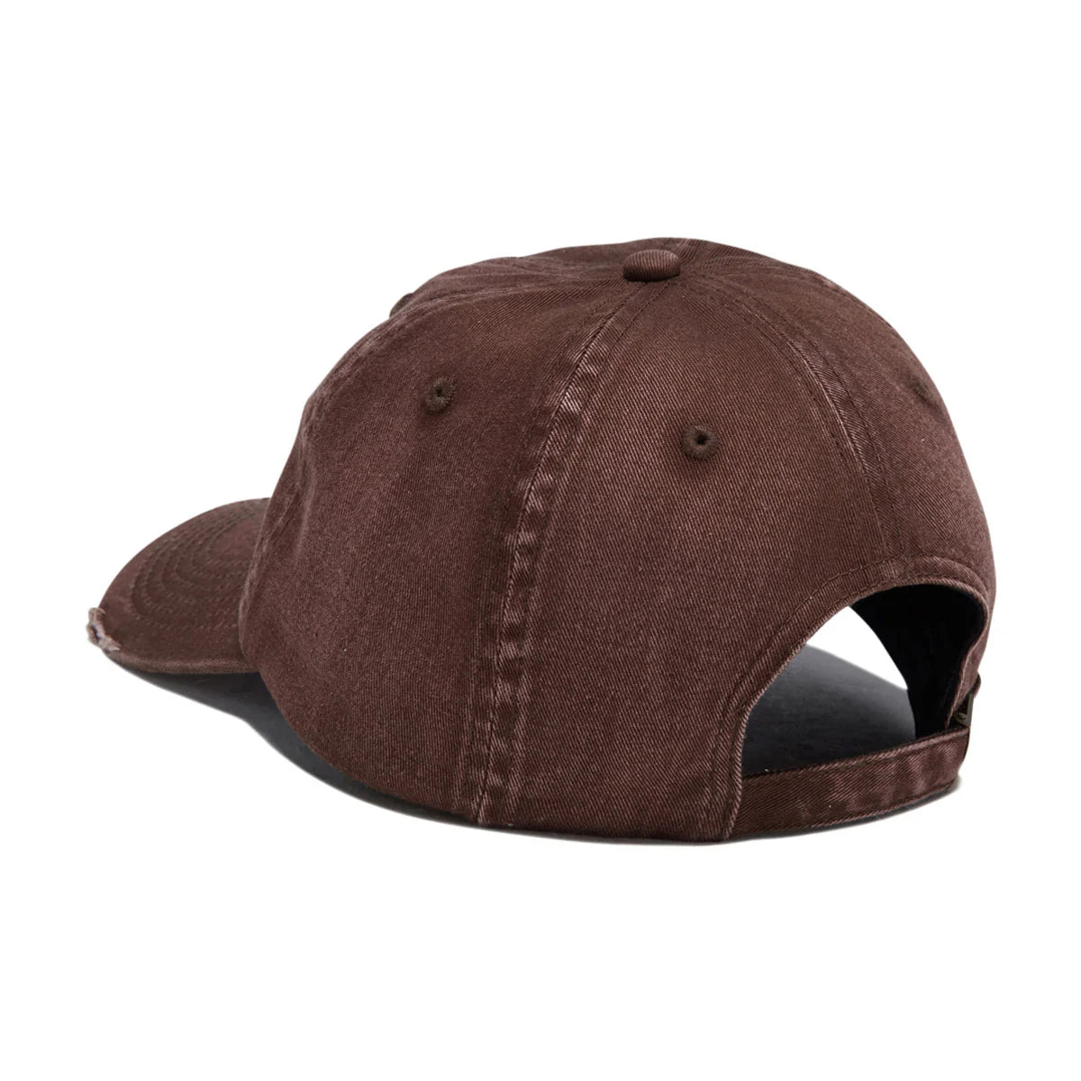 A dark brown baseball cap with a washed, vintage texture, shown from a three-quarters rear angle on a plain white background.
