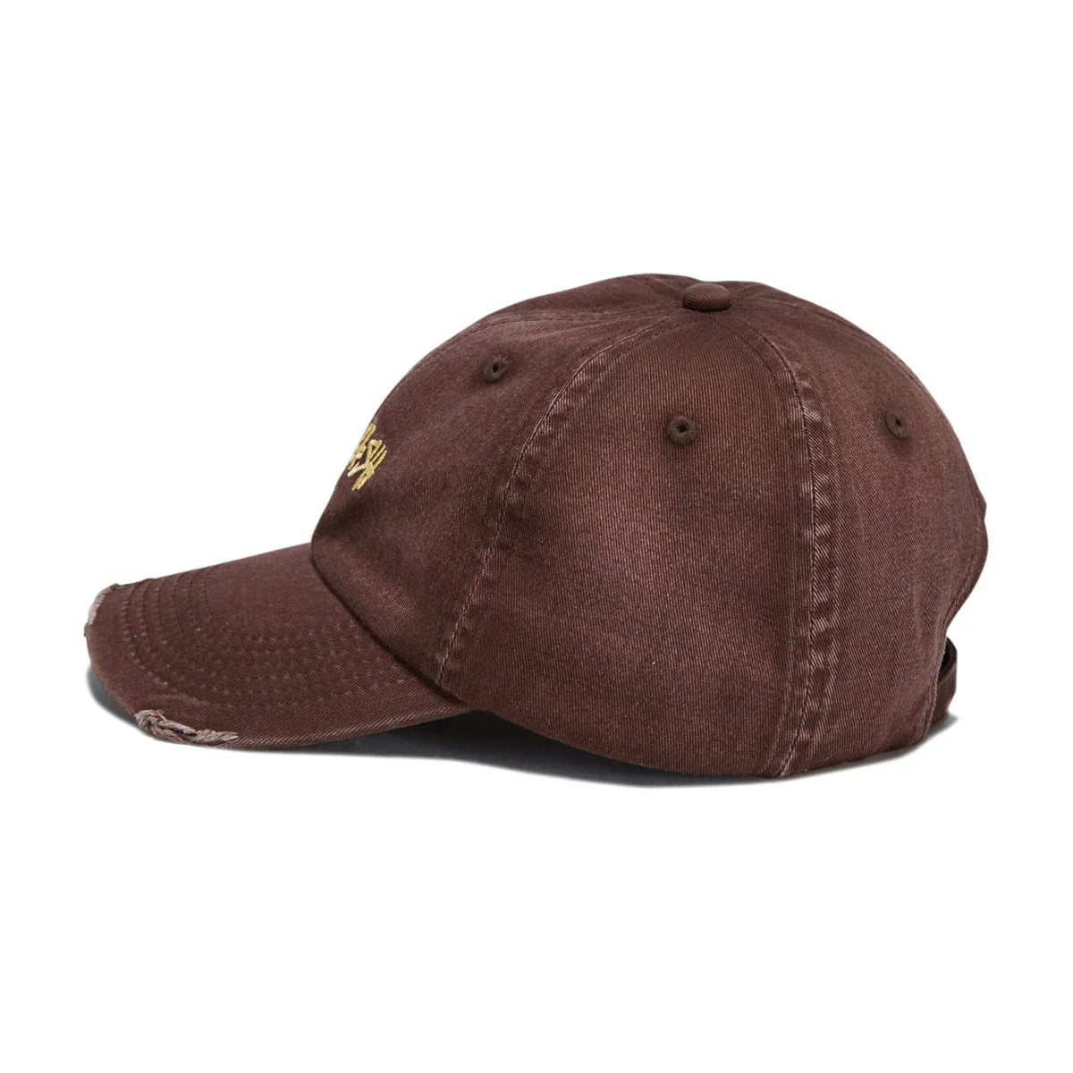 A brown washed cotton baseball cap with a small gold embroidered logo on the side, shown from a three-quarters angle against a white background.