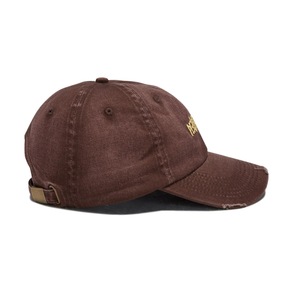 A washed brown baseball cap with a small gold embroidered logo on the side, shown from a three-quarters angle against a plain white background.