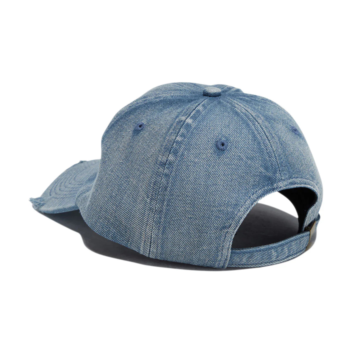 A light blue denim baseball cap shown from a three-quarters rear angle on a plain white background.