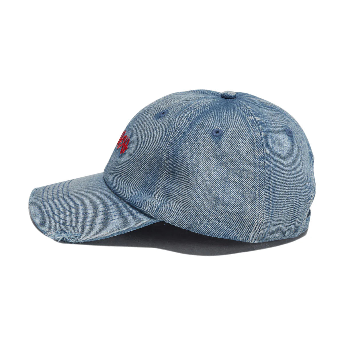 A light blue denim baseball cap with a small red embroidered logo on the side, shown against a plain white background.
