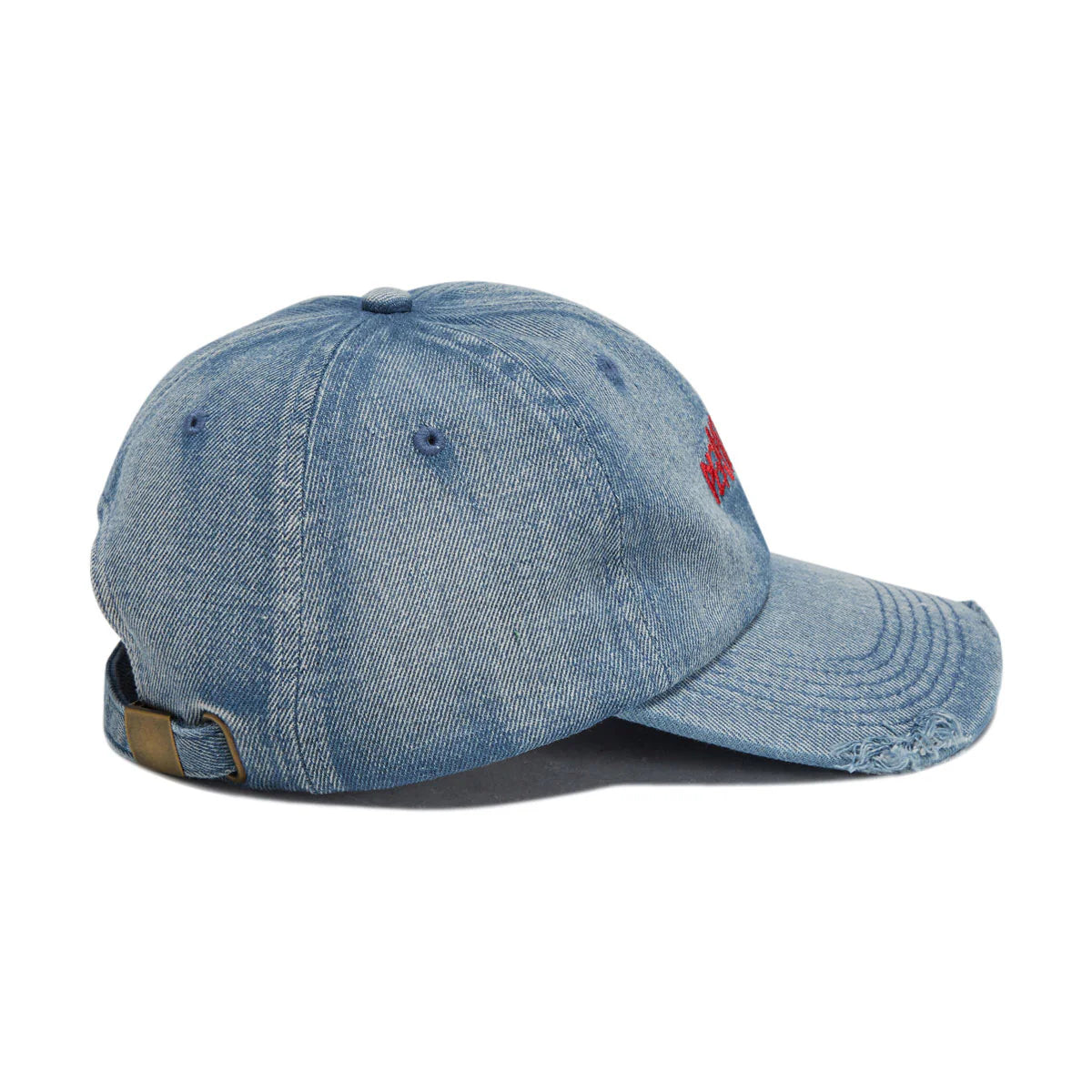 A light blue denim baseball cap with a curved brim, distressed edges, and a small red embroidered logo on the side, shown against a plain white background.