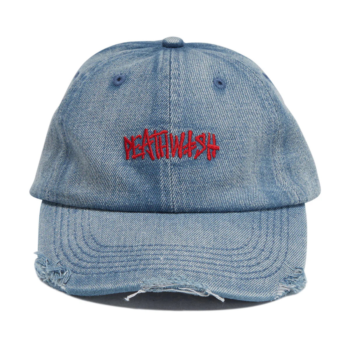 A light blue denim baseball cap with distressed frayed edges and red embroidered text on the front reading 'PERIWASH'.
