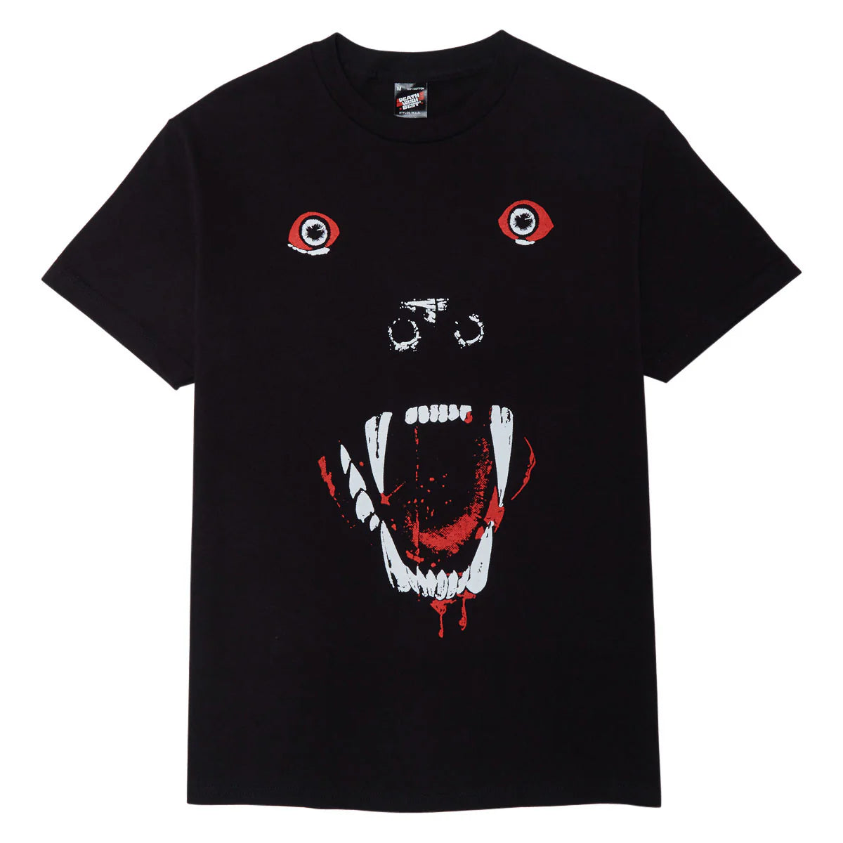 A black short-sleeve t-shirt featuring a graphic print of a snarling dog face with red blood-like details and two circular red-and-white eye graphics on the shoulders, shown against a plain white background.