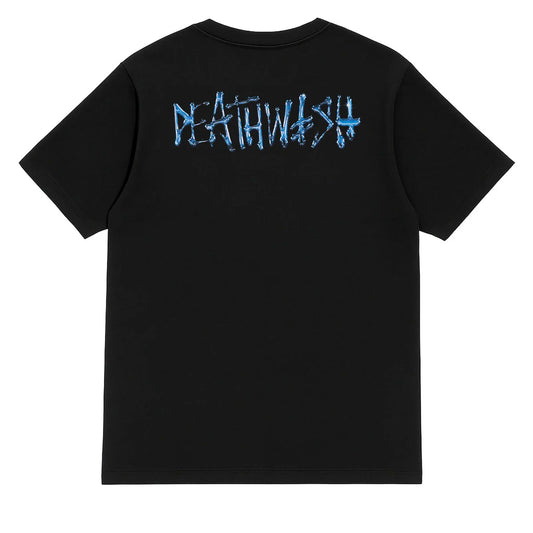 Black t-shirt with blue text on the back against a white background