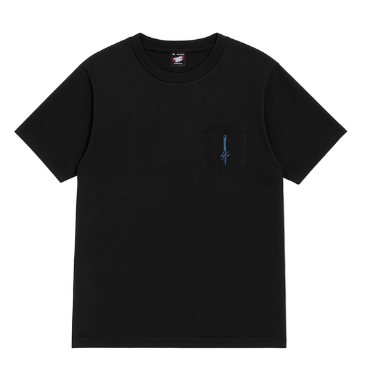 Black t-shirt with a small blue logo on a white background