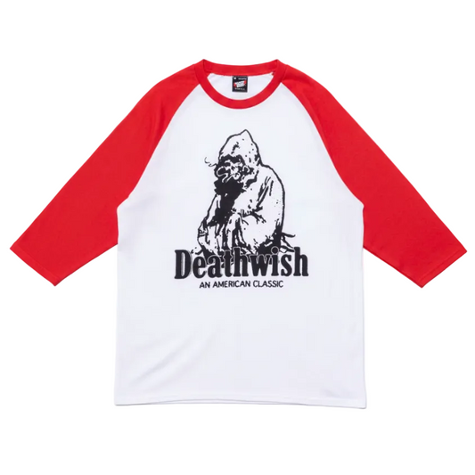 Red and white baseball shirt with graphic design and 'Deathwish' text on a white background