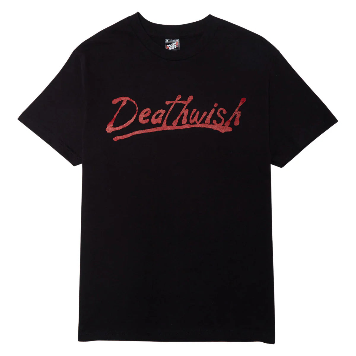 A black short-sleeve crewneck t-shirt featuring the word 'Deathwish' printed across the chest in a distressed red cursive font, shown against a plain white background.