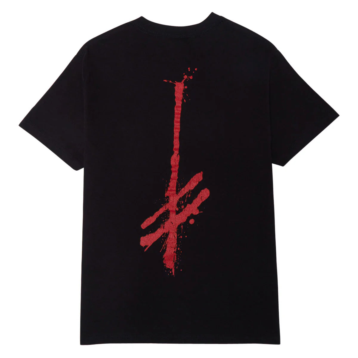 A black short-sleeve crewneck t-shirt featuring a large, distressed red graphic print on the back, displayed against a solid white background.