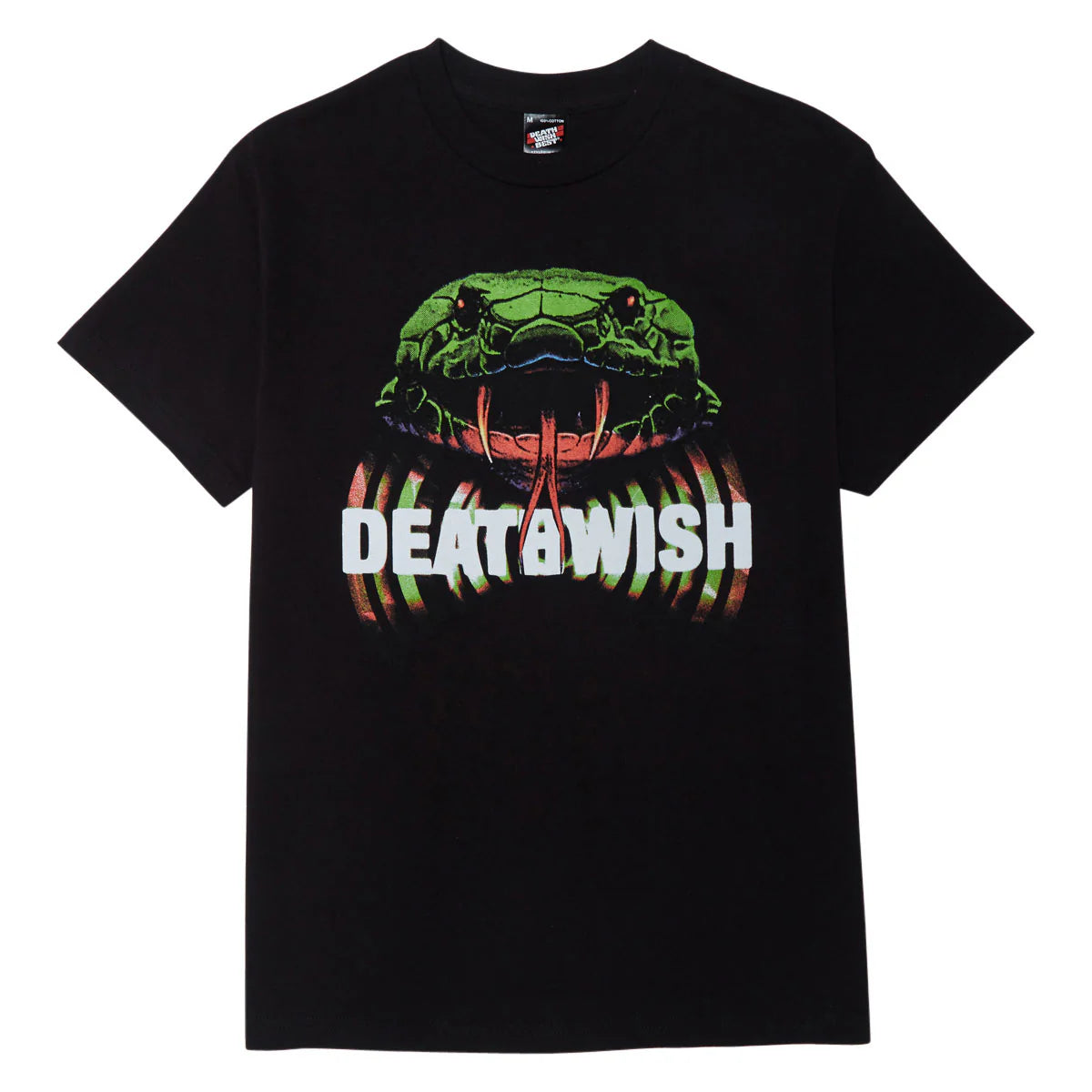 A black short-sleeve crewneck t-shirt featuring a large graphic print of a green snake head with its tongue sticking out, above the distressed white text 'DEATAWISH'.