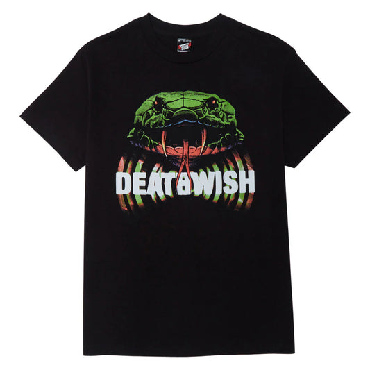 A black short-sleeve crewneck t-shirt featuring a large graphic print of a green snake head with its tongue sticking out, above the distressed white text 'DEATAWISH'.