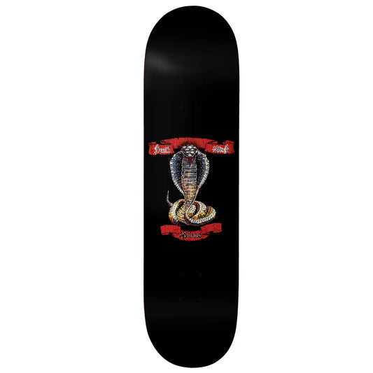 Black skateboard deck with a cobra design and red accents on a white background