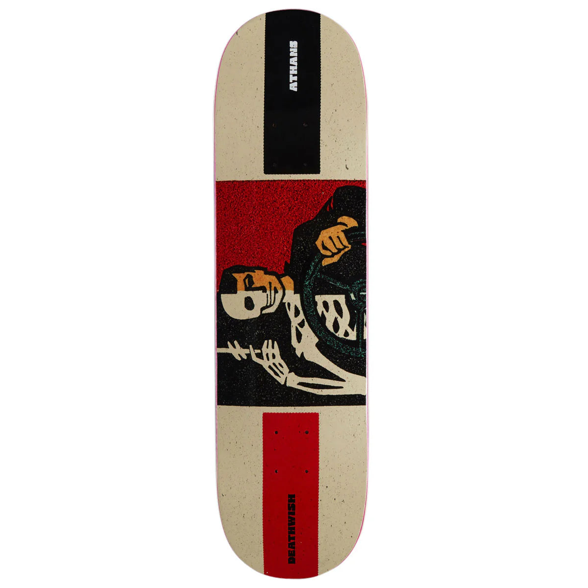 A skateboard deck shown vertically against a plain white background. The deck has a cream-colored wood grain base with a large graphic print in the center featuring a skeleton figure over a red and black block design.
