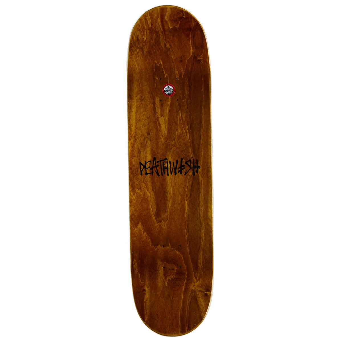 A skateboard deck made of natural brown wood with prominent grain patterns, featuring a black 'DEATHWASH' logo printed in the center and a small red and white sticker near the nose.