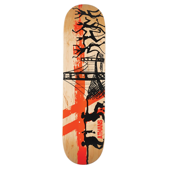 Skateboard deck with black and red graphics on a white background