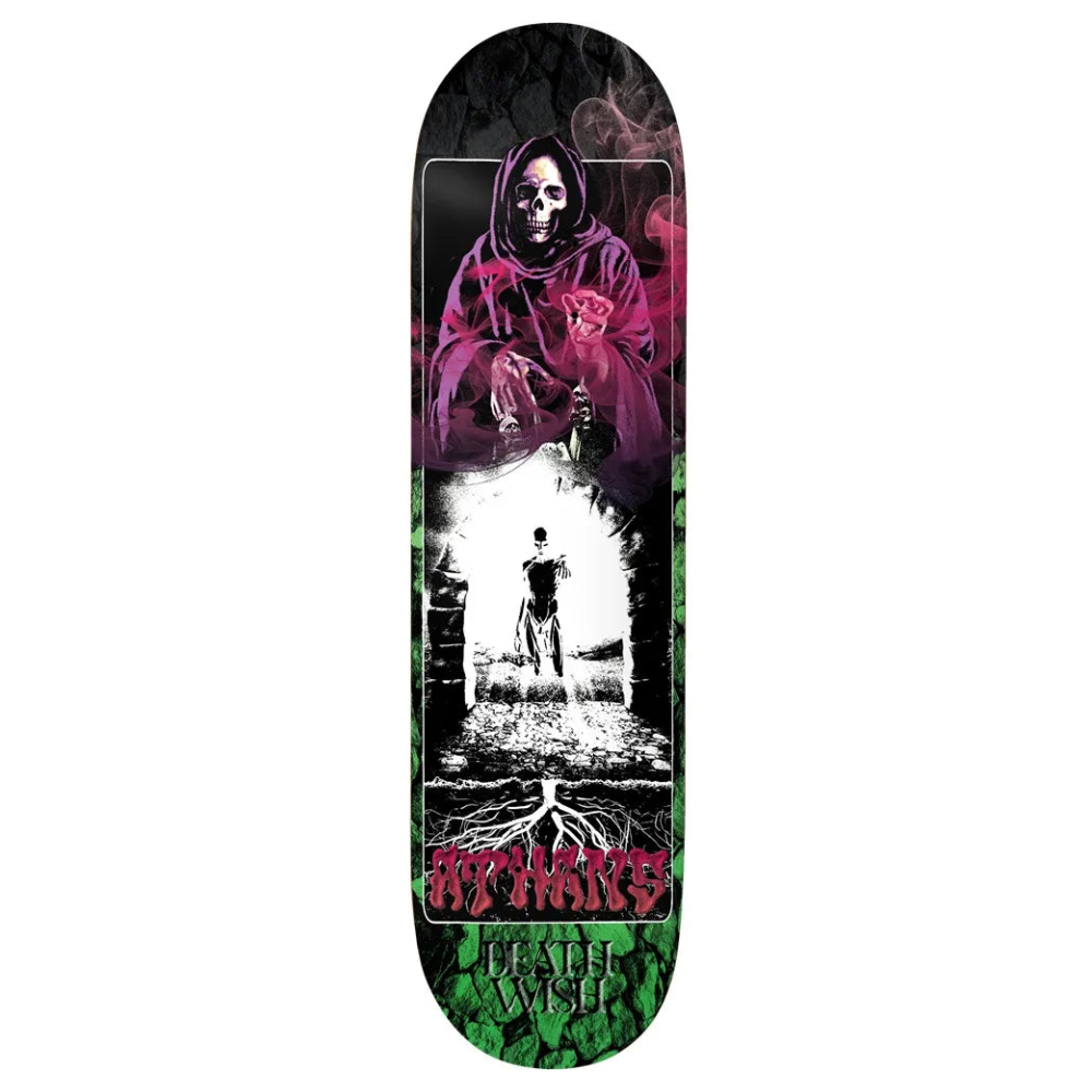 Skateboard deck with grim reaper design and 'Defile' branding on a white background