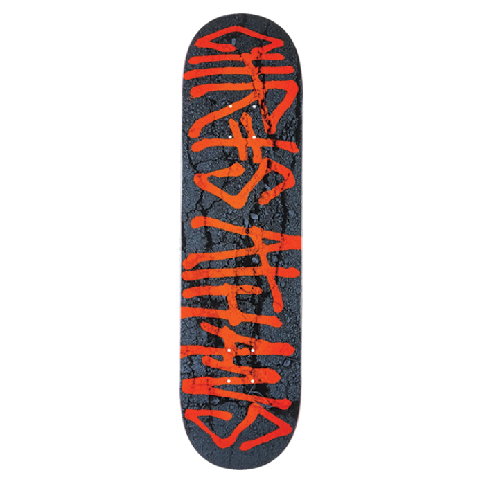 Skateboard deck with red and white text on a black background