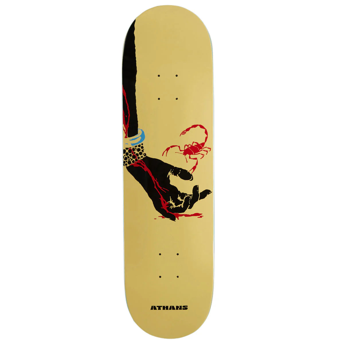 Athans skateboard deck featuring a light tan wood-grain background with a graphic of a hand reaching out while being bitten by a red scorpion, with the brand name ATHANS printed at the bottom.