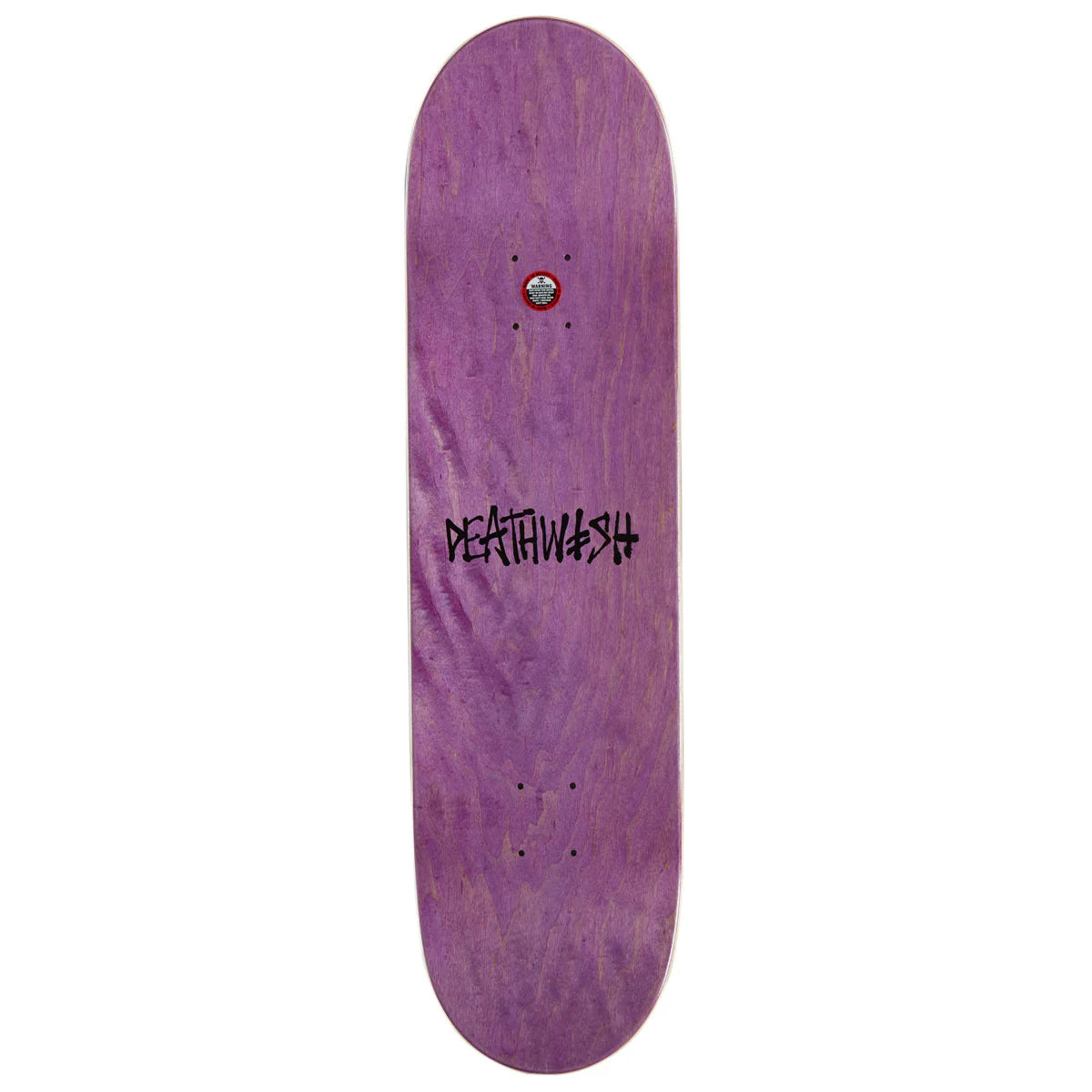 A purple skateboard deck with a natural wood grain texture and the black 'DEATHWASH' brand logo printed in the center, shown against a plain white background.