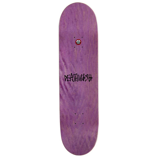 A purple skateboard deck with a natural wood grain texture and the black 'DEATHWASH' brand logo printed in the center, shown against a plain white background.